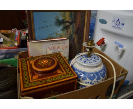 BOX CONTAINING LARGE WOODEN SQUARE BISCUIT BARREL, CERAMIC LAMP, HISTORY OF NORWICH ETC