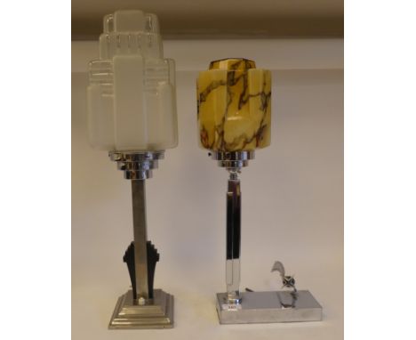 Two dissimilar Art Deco inspired, steel framed table lamps with glass shades&nbsp; 24" &amp; 21"h&nbsp; (these items are bein