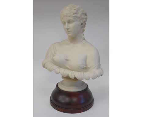 A late 19thC Parianware bust, a young woman wearing a classical costume, her hair in ringlets&nbsp; inscribed C.Delpech Red.t