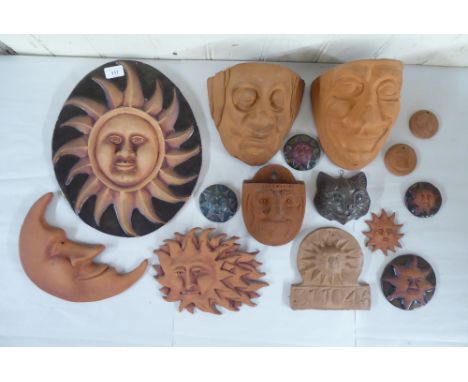 Sun Ceramics of Wales wall art; and other, mainly terracotta, sun, moon and mask wall art&nbsp; mixed sizes 
