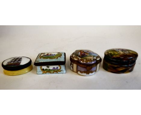 Four various 19th and early 20thC patch boxes: to include HMS Victory; and a courting couple, in a garden setting 