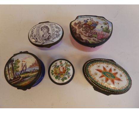 Five 19thC coloured enamel patch boxes, variously decorated and inscribed on the lids: to include 'May Nature Paint the Cheek