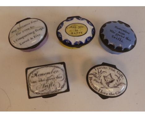 Five 18th/19thC coloured enamel patch boxes, variously inscribed on the lids: to include 'I Prize the Gift Becaufe I Love the
