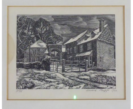 After Howard Phipps - a building in a winter landscape, possibly Harnham Gate, Salisbury&nbsp; Limited Edition 2/75 monochrom