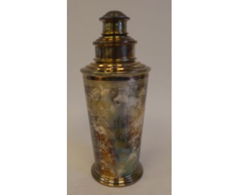 An Art Deco inspired EPNS cocktail shaker of ribbed, tapered form&nbsp; 9.5"h 