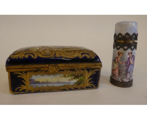 A 19thC enamelled, painted and gilded, oblong patch box, the hinged lid depicting a huntsman and hounds; and a contemporary s