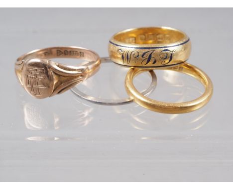 A 9ct gold signet ring, size R/S, 2g, an 18ct gold band with enamelled decoration, size M, 8.1g, a 22ct gold wedding band, si