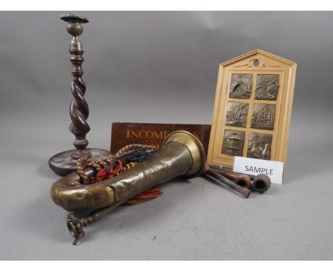 A copper and brass bugle, a set of letter scales, an oak barley twist candlestick and other items 