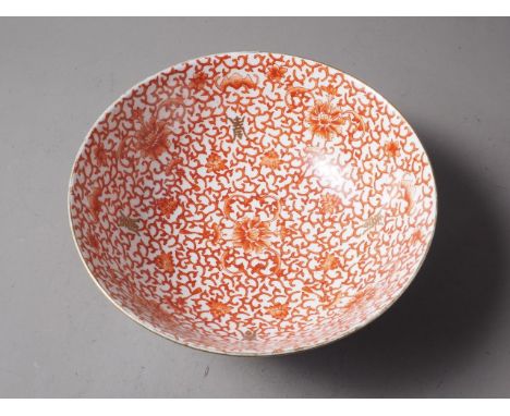 A Chinese bowl with red flower, scroll and bat decoration with gilt characters, 9 3/4" dia x 4" highCondition:Losses to the g