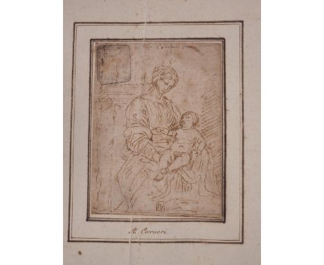 Attributed to A. Carracci: an old master drawing, Virgin and Child, 4" x 3", mountedCondition:No apparent visible watermark. 