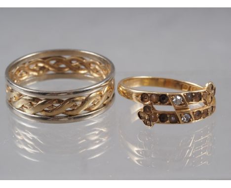 A 9ct two-colour gold ring with pierced decoration, size Y, 3.8g, and an 18ct gold ring, lacking stones, size Q, 2.4g 