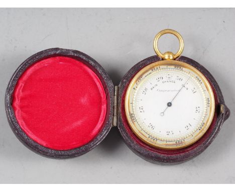 A compensated pocket barometer with silvered dial, in fitted Morocco leather case 