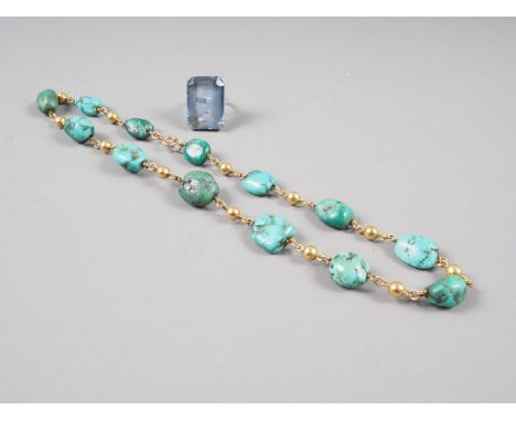 A 9ct gold and turquoise pebble necklace and a silver and synthetic spinel ring 