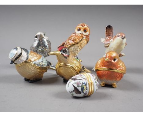 Five Belle enamels, bird "boxes", a Halcyon Days enamel egg and a Christofle "Robin" 
