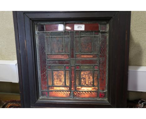 An early 20th century back lit stained glass and lead window,  four panels from dance of death in stained pine frame, 17 3/4"