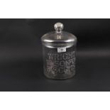 A moulded glass Wrights and Sons Biscuit jar and cover, 10 1/2" high