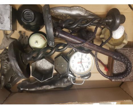 A mixed collection of items to include Westclox manual alarm clock, leather bull whip and Carved Indian wooden box etc (1 tra