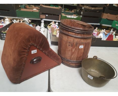 Artist made Wooden Barrel made from strips of a vintage tea chest together with Artist made Suede Foot Stool and A brass Jam 