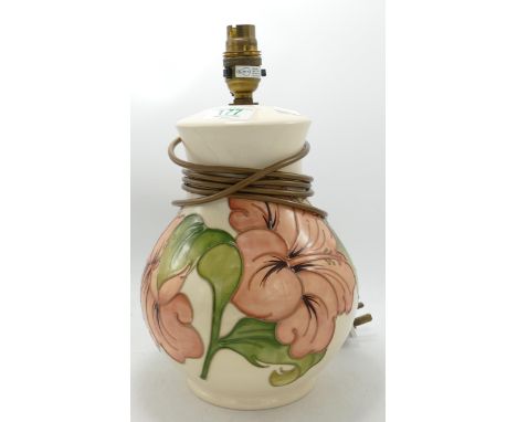 Moorcroft hibiscus lamp base: on cream, height with fittings 30cm 