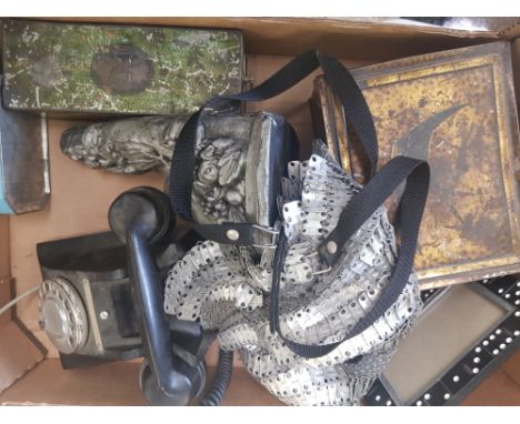Assorted vintage tins, vintage bakelite telephone, vintage style plaster wall sconce and Chain made type apron 
