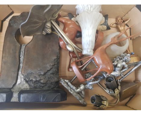 A mixed collection of items to include&nbsp;Art Nouveau style table lamp, carved teak Ibex family, erotic resin figures, arti