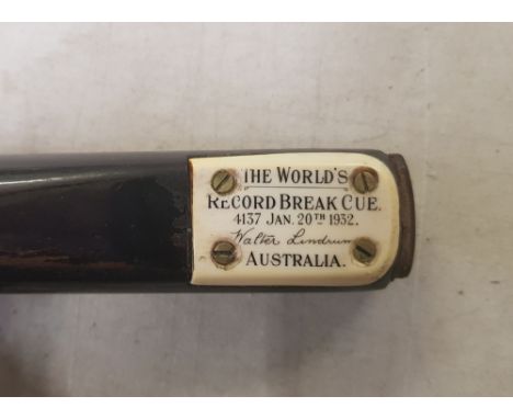 World record breaking Walter Lindrum snooker cue 4,137 dated 1932 together with John Bennett n Co Pool cue both in Vintage on