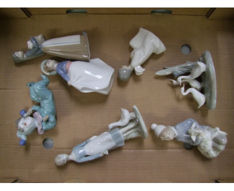 Two Lladro figurines, four Nao and one similar unmarked example. 