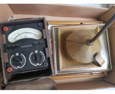 Vintage cased Avometer 8, together with a brass funnel and 3 framed prints. 