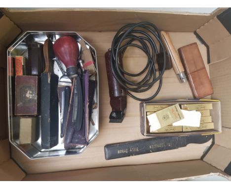 Mixed collection of vintage items to include Gallaher limited cigarette cards, cut throat razors, belt strop, opinel knife et