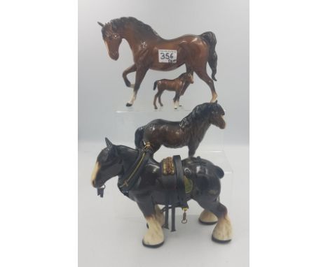 Beswick Shetland pony 1033 together with Beswick Spirit of Freedom 2689 (ear a/f), Foal 1817 and a Melba Ware shire horse in 