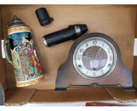 Oka cased 'Bentima' Mantle Clock together with a large beer stein and leather cladded flask + measures 