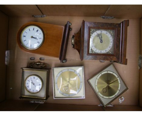 A group of 5 Mantle carriage and desk clocks, 3 of which converted to Quartz Movements, glass absent from 1 desk clock 