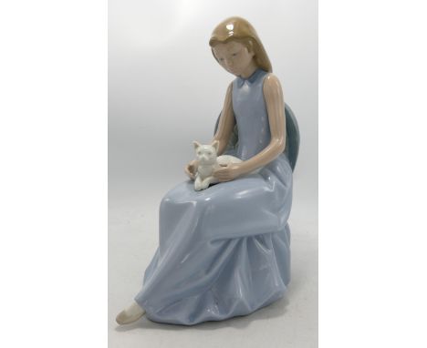 Large Nao Figure of Seated Girl with Kitten, height 28cm 