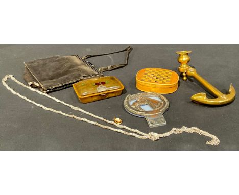 Boxes and Objects - a 19th century painted horn snuff box; a brass novelty candlestick, as an anchor; a British Horse Society