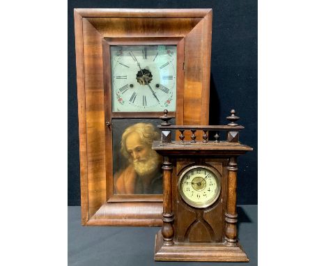 A 19th century American mahogany wall clock, Jerome &amp; Co, Connecticut, Roman numerals on rectangular dial, over panel dec