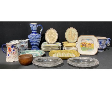 A set of six Mason's Ironstone asparagus dishes, early 20th century; a majolica asparagus serving platter, Sarreguemines, Fra