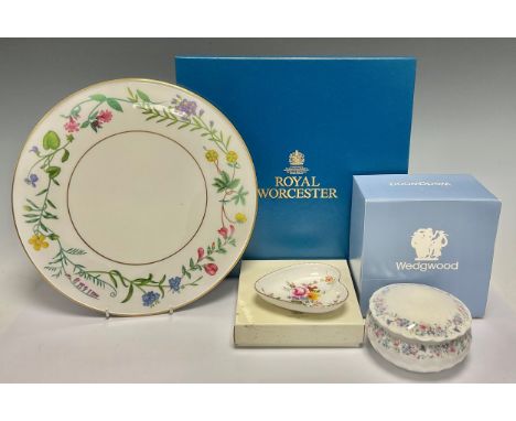 A Royal Worcester Arcadia pattern cheese plate, 28cm diameter, boxed; a Wedgwood Angela trinket box, 6cm high, boxed; a Royal