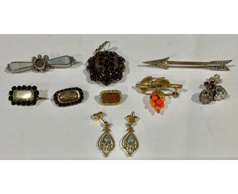 An early 19th century brooch, set with a lock of waxed hair, two others similar; a pair of earrings set with old cut diamonds