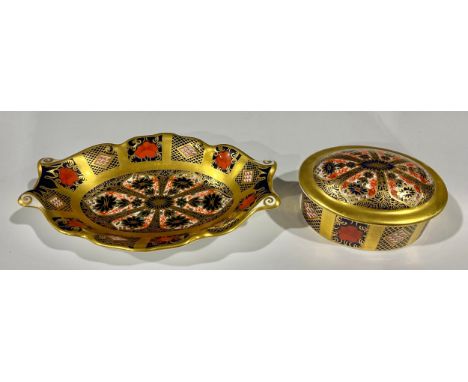 A Royal Crown Derby Imari palette 1128 pattern oval trinket dish, solid gold band, printed marks; another, a trinket box and 