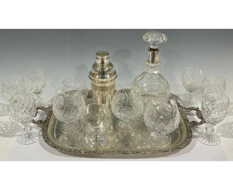 A silver mounted cut glass decanter, Sheffield 1926; an EPNS cocktail shaker; a set of six cut glass wine glasses; brandy bal
