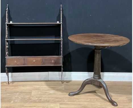 A Chinese Chippendale style wall shelf, 105cm high, 73cm wide, 15.5cm deep; tripod occasional table (2) 