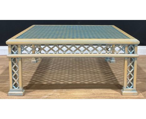 A contemporary Chinese Chippendale inspired coffee table, glass top, 44cm high, 100cm square 
