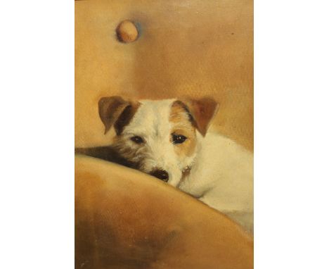 Oil on canvas, portrait of a Jack Russell resting on a sofa, signed Yeates, 40 x 29cm 