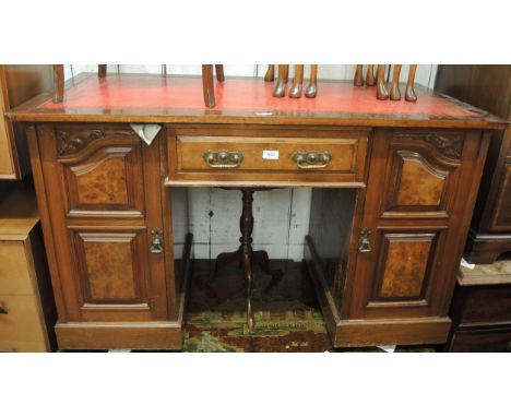 Late 19th / early 20th Century mahogany and burr walnut pedestal desk having red leather inset top, above a single central dr