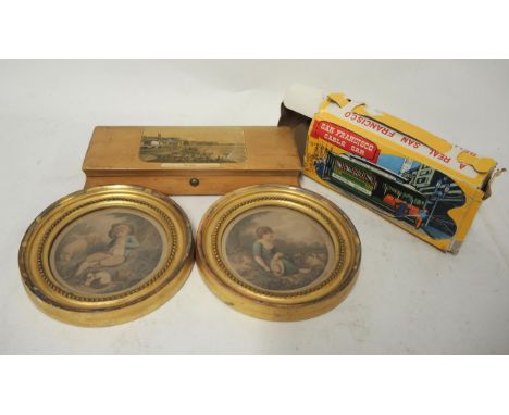 Mauchline ware glove box, pair of small circular gilt framed stipple engravings and a boxed tin plate toy, San Francisco cabl