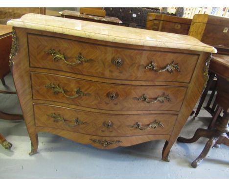 French kingwood marquetry and ormolu mounted commode with marble top above three drawers on cabriole supports, 112cm wide 