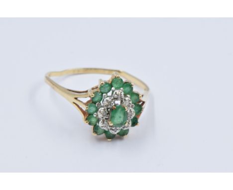 9ct Gold emerald and diamond cluster ring, size R, 2gShank is very bent. 