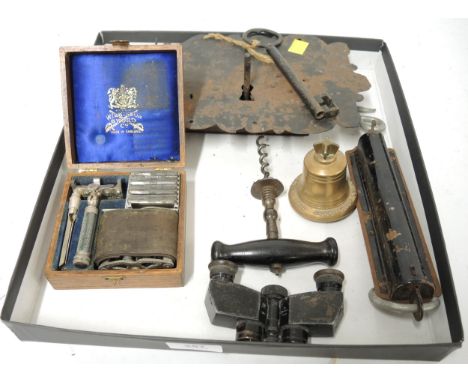 19th Century corkscrew with turned wooden handle, 19th Century metal lock and other miscellaneous items 