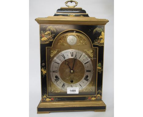 Elliott of London, mid 20th Century black chinoiserie lacquer mantel clock, the three train movement striking and chiming Wes