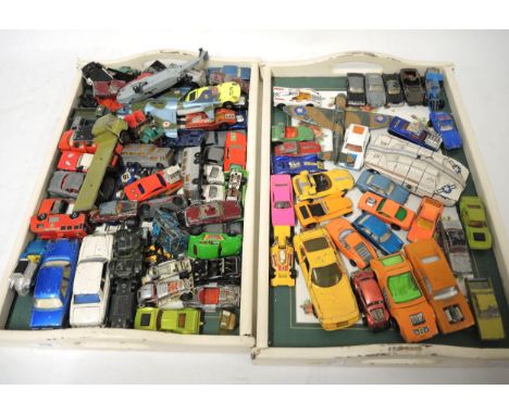 Two trays of various diecast model vehicles and aeroplanes, including Dinky, Matchbox and Corgi 